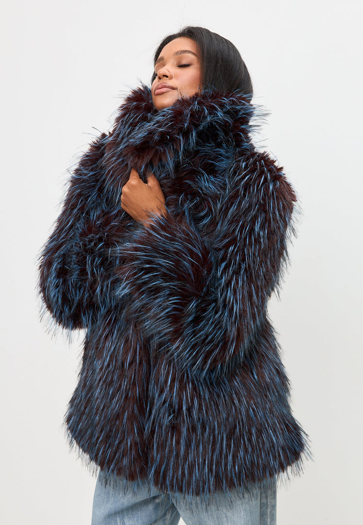 A stylish and luxurious short faux fur blue coat - the Icelyn Coat.