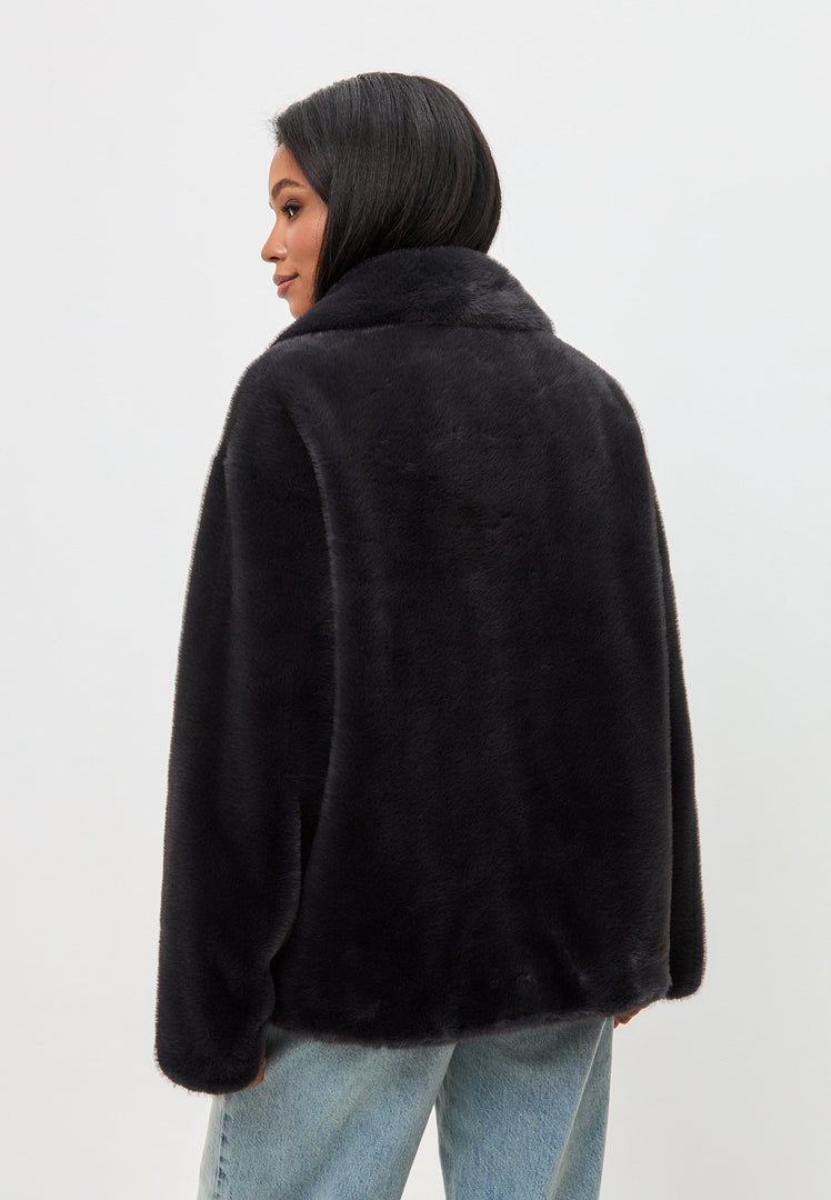 A stylish black faux fur Diana coat, the perfect winter fashion outerwear piece.