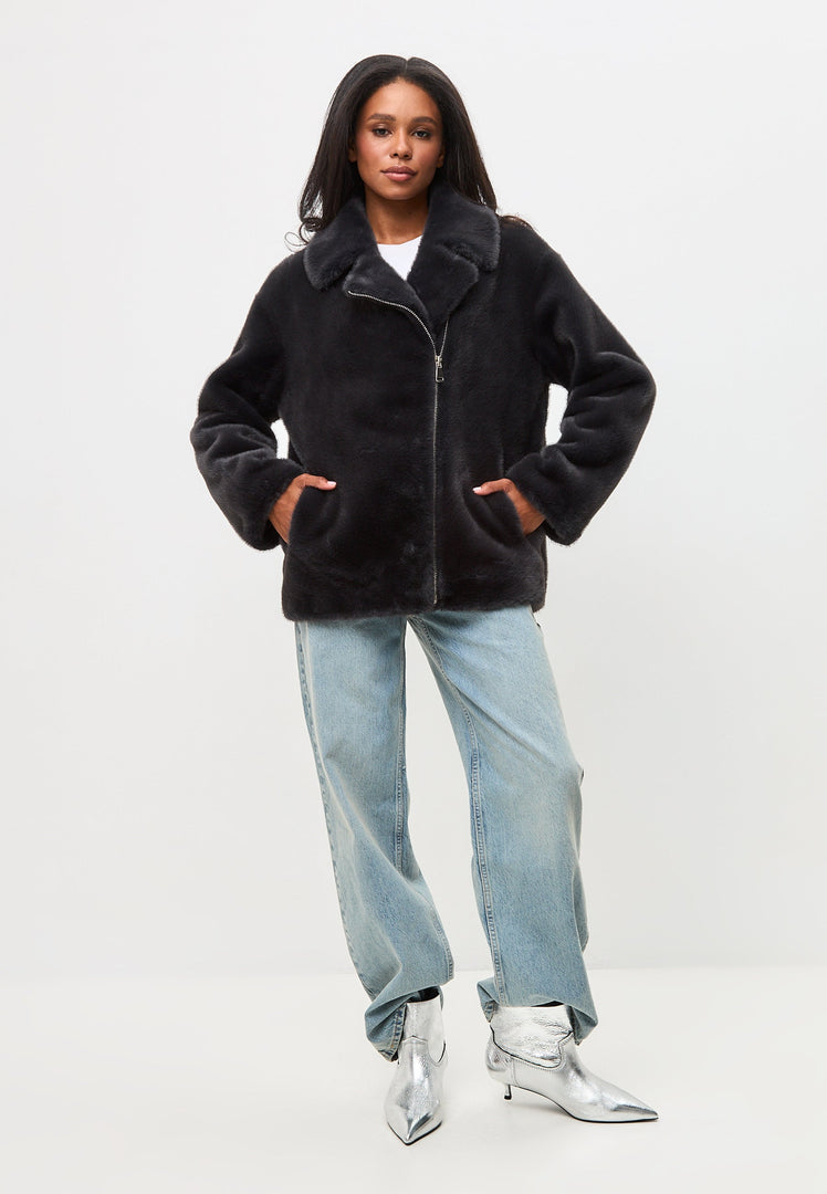 A stylish black Diana faux fur coat, perfect for winter fashion outerwear.