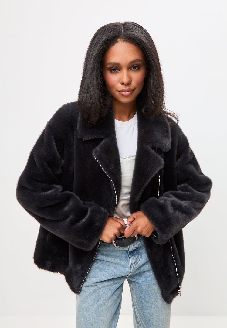 A stylish and cozy black Diana faux fur coat, the perfect winter fashion outerwear.