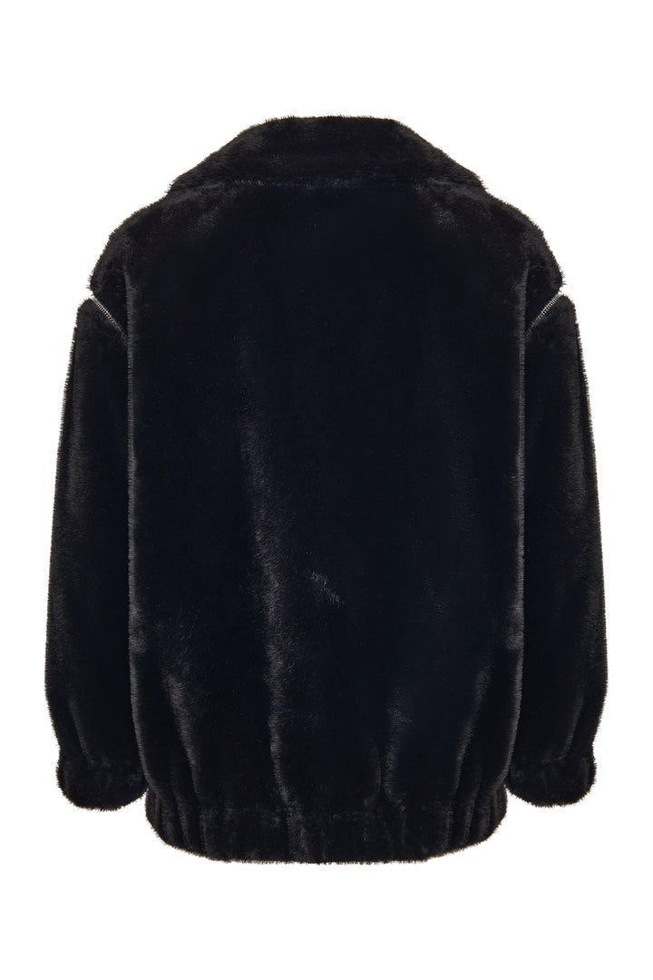A stylish women's winter coat in Marilyn style, featuring a short black faux fur design - perfect for trendy fashion outerwear choices.