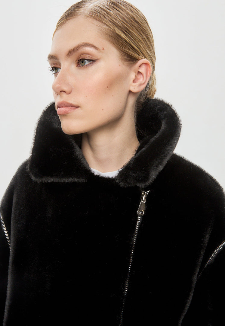 A fashionable women's winter coat with Marilyn Monroe style in short black faux fur, perfect for adding a touch of elegance to your winter wardrobe as a fashion outerwear staple.