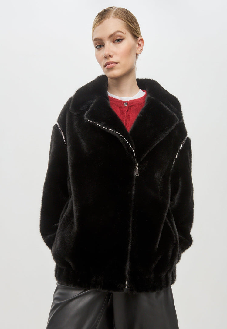 A chic women's winter fashion outerwear piece - a short black faux fur coat inspired by Marilyn Monroe's iconic style.
