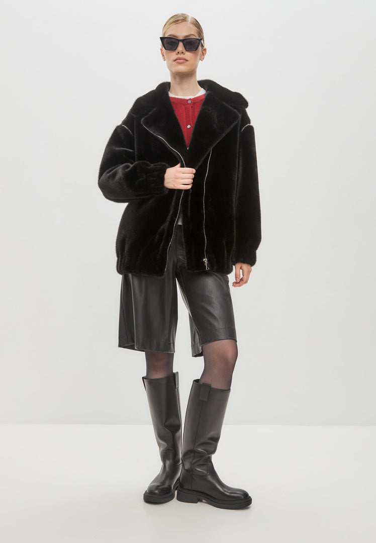 A stylish short black faux fur coat inspired by Marilyn style, perfect women's winter fashion outerwear.
