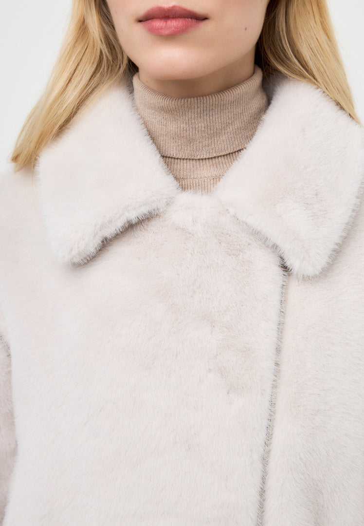 A stylish white faux fur short coat inspired by Marilyn Monroe's iconic fashion, perfect for winter.