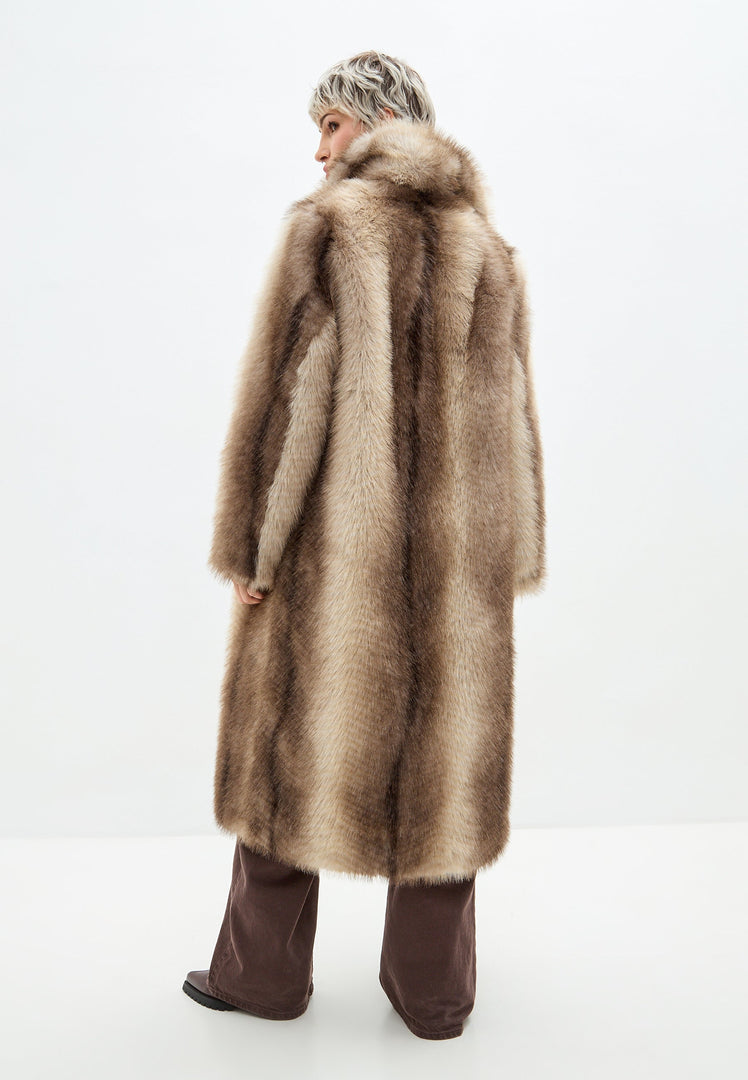A picture of a luxurious faux fur brown coat known as the Natalie coat - a designer outerwear piece.