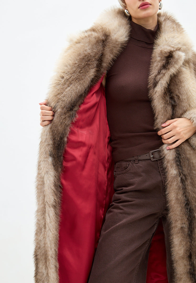A stylish brown faux fur Natalie coat, the epitome of luxurious designer outerwear fashion.