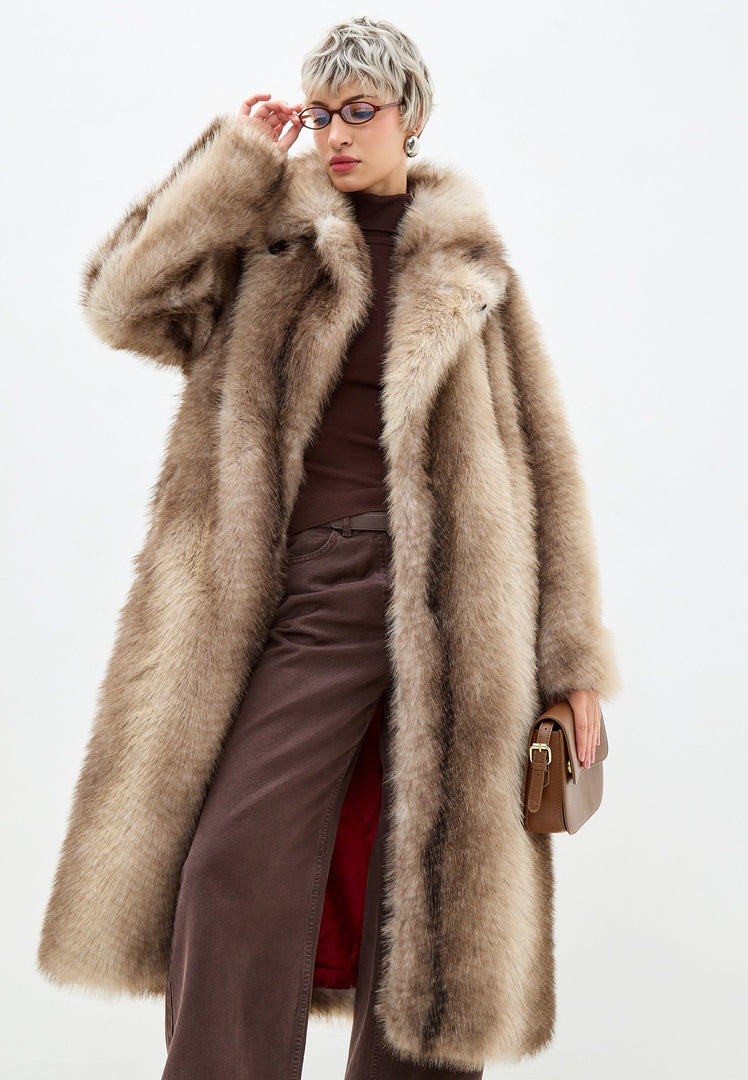 A stylish and luxurious faux fur brown coat named Natalie, a designer outerwear piece.
