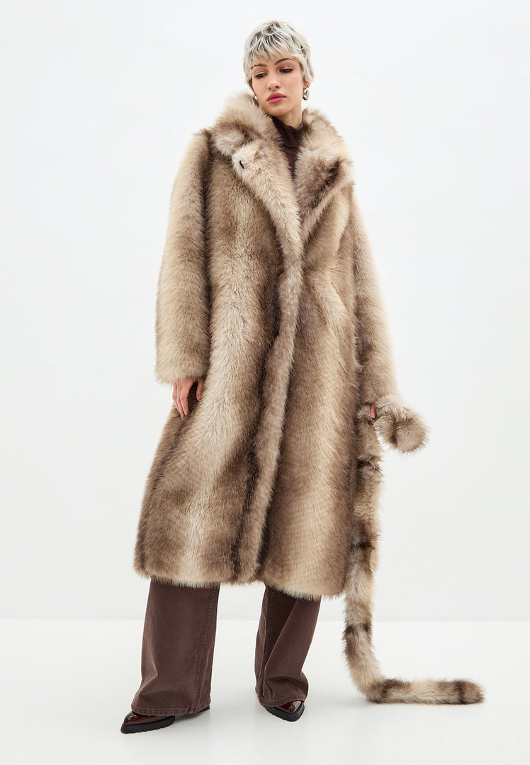 A stylish and luxurious brown faux fur coat, the Natalie coat, perfect for designer outerwear enthusiasts.