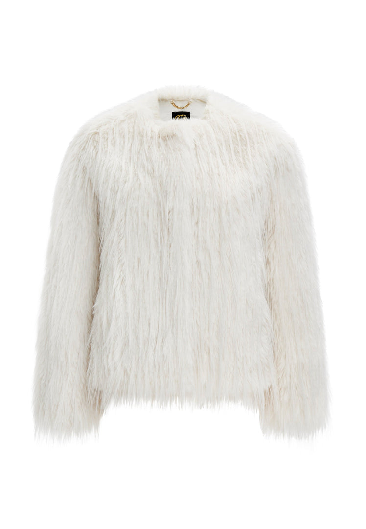 A fashionable white faux fur winter jacket perfect for cold weather outerwear.