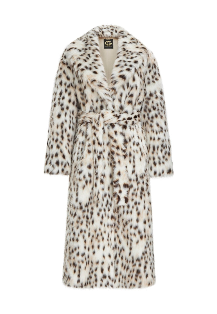 Stay warm and stylish this winter with a luxe faux fur long coat in a chic spotted design - the ultimate winter fashion must-have.