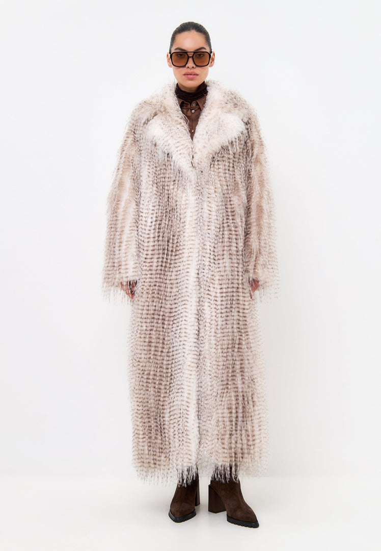 A fashionable women's long faux fur coat with a belt, perfect for winter and adding style to any outfit.