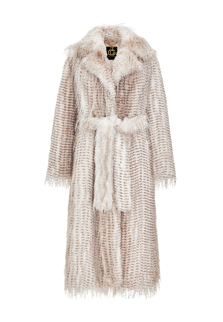 A stylish and luxurious long faux fur coat with a belted design, perfect for winter fashion for women.