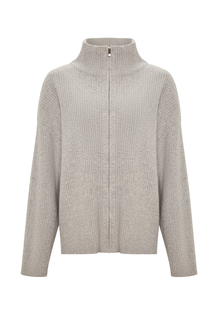 A stylish women's merino wool zip-up sweater in elegant gray, perfect for adding a touch of designer knitwear to your outfit.