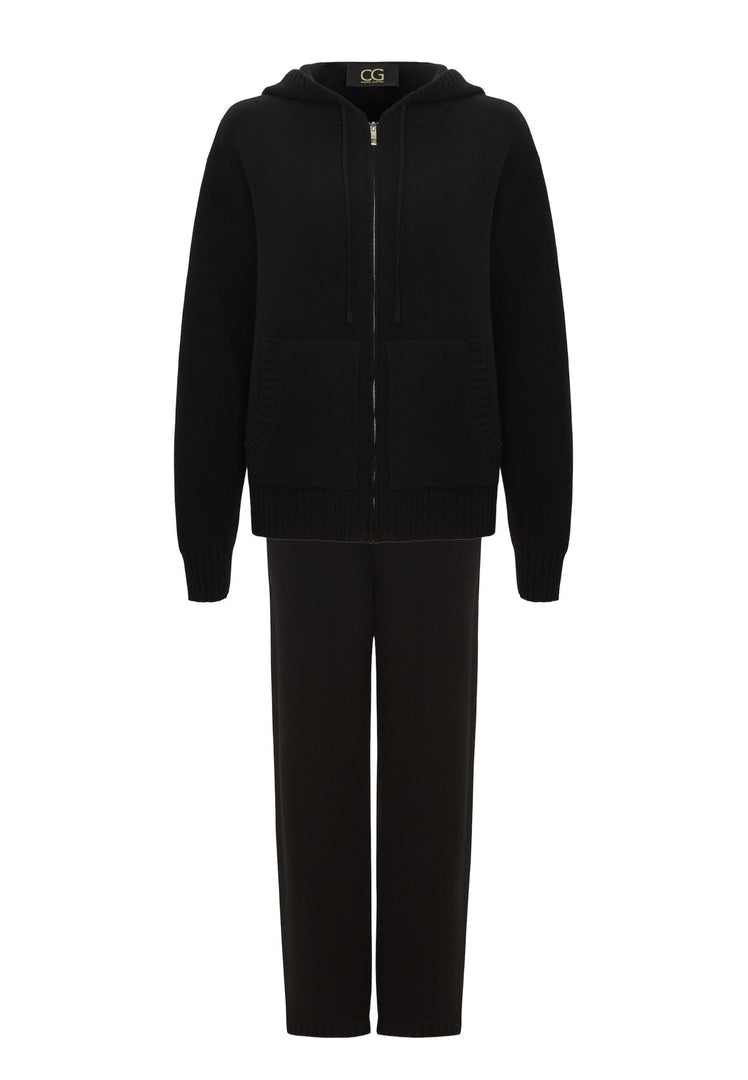 A cozy black hooded Merino wool cardigan costume for Penelope, perfect for stylish cold-weather outfits.