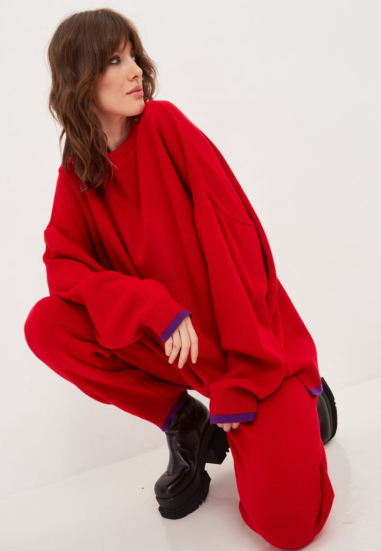 A trendy and comfy oversized jogger set in red, perfect for plus size activewear, lounging, or casual athleisure days.