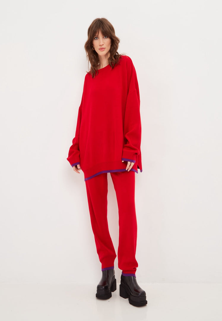 A stylish and cozy red lounge set with oversized joggers and sweatshirt, perfect for plus size activewear or a comfy athleisure outfit.