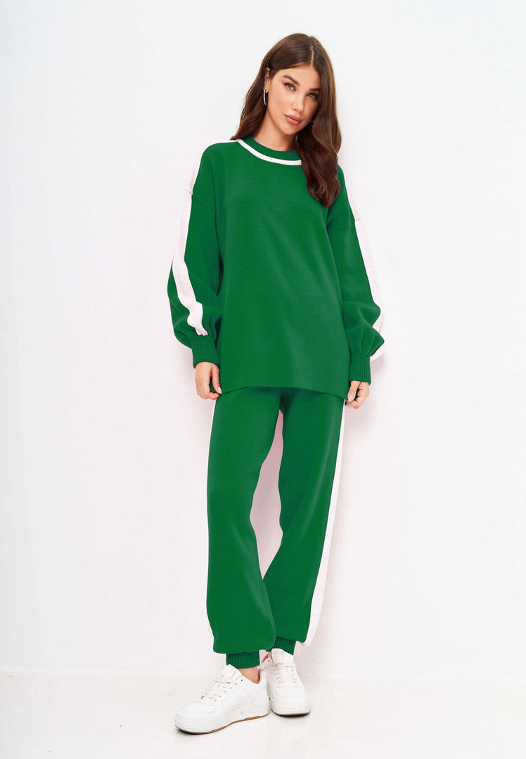 A stylish CG knitted jogger set in green color for a chic and cozy look.