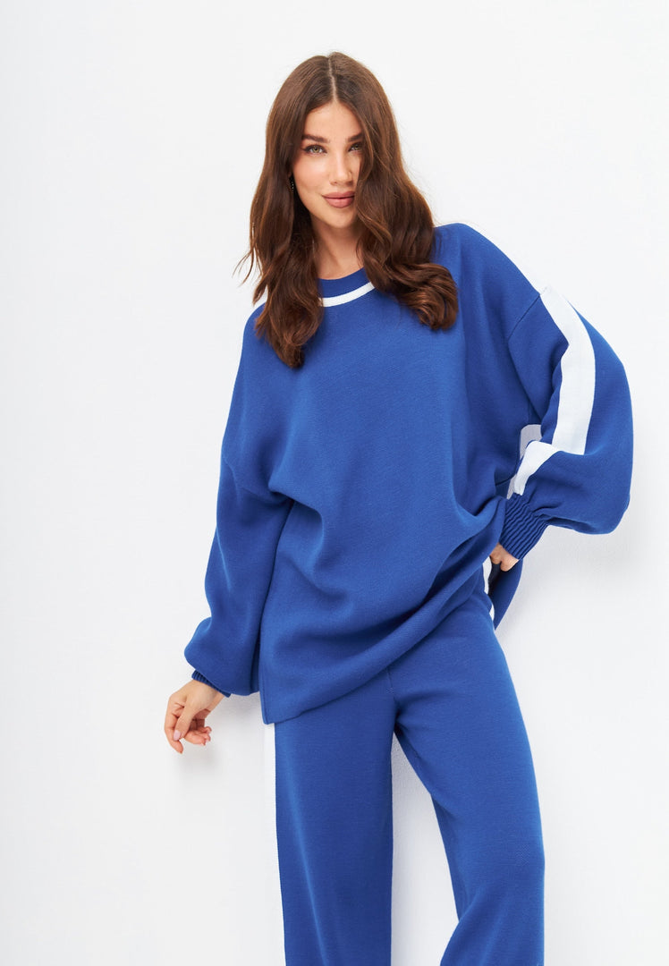 A comfortable and cozy blue knit lounge set featuring CG knitted joggers, perfect for casual loungewear style.
