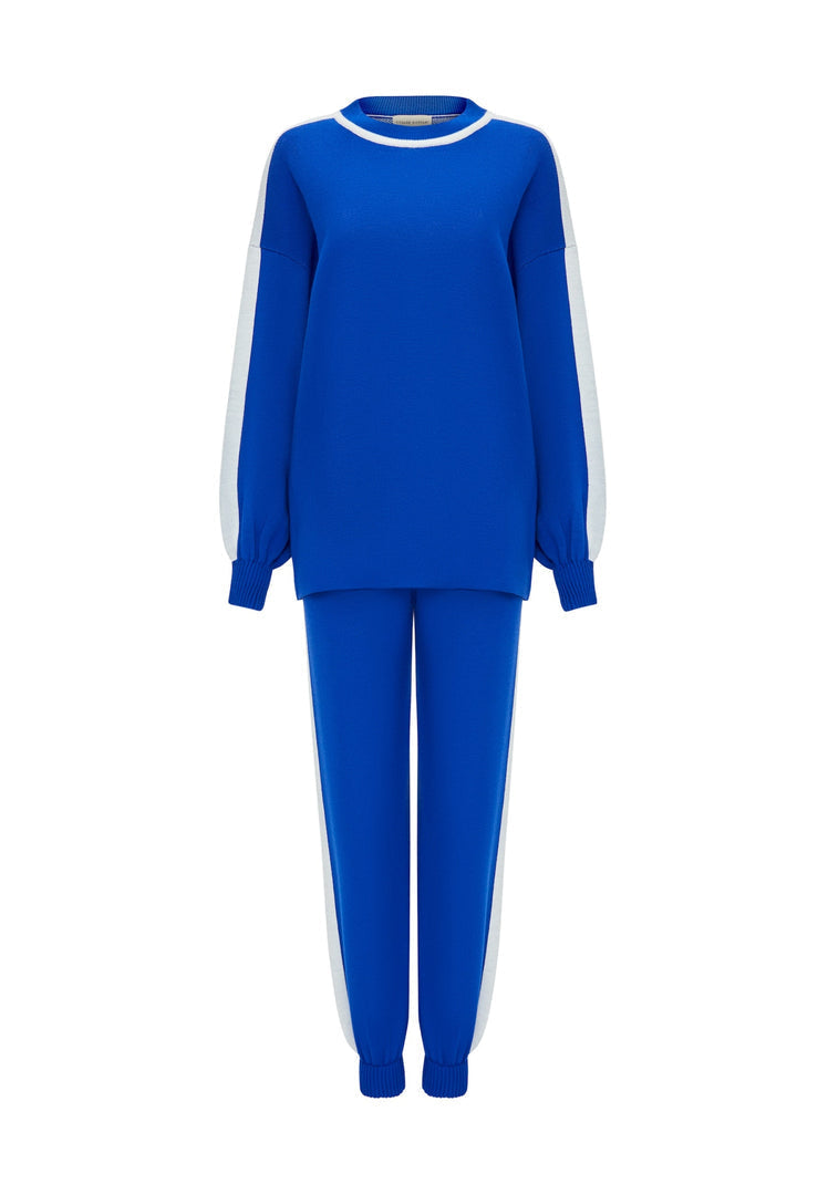 A cozy blue knitted jogger set perfect for casual loungewear comfort.