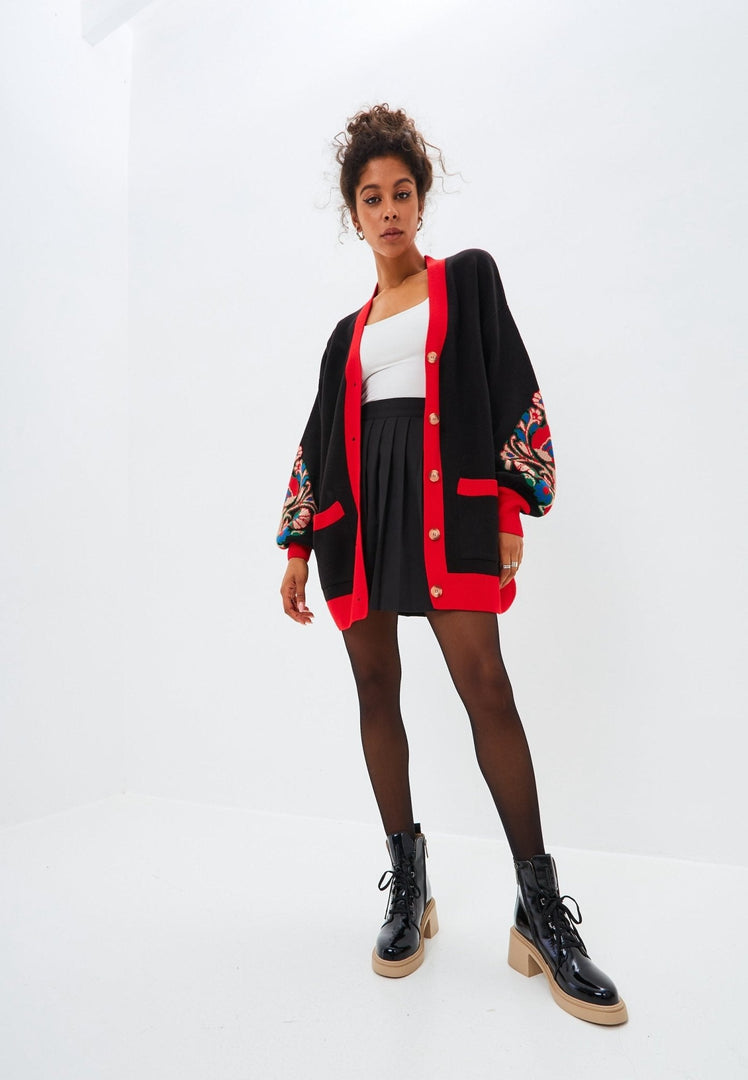 A cozy and stylish puffy sleeve oversized cardigan made of chunky knit, perfect for staying warm and trendy in colder weather.