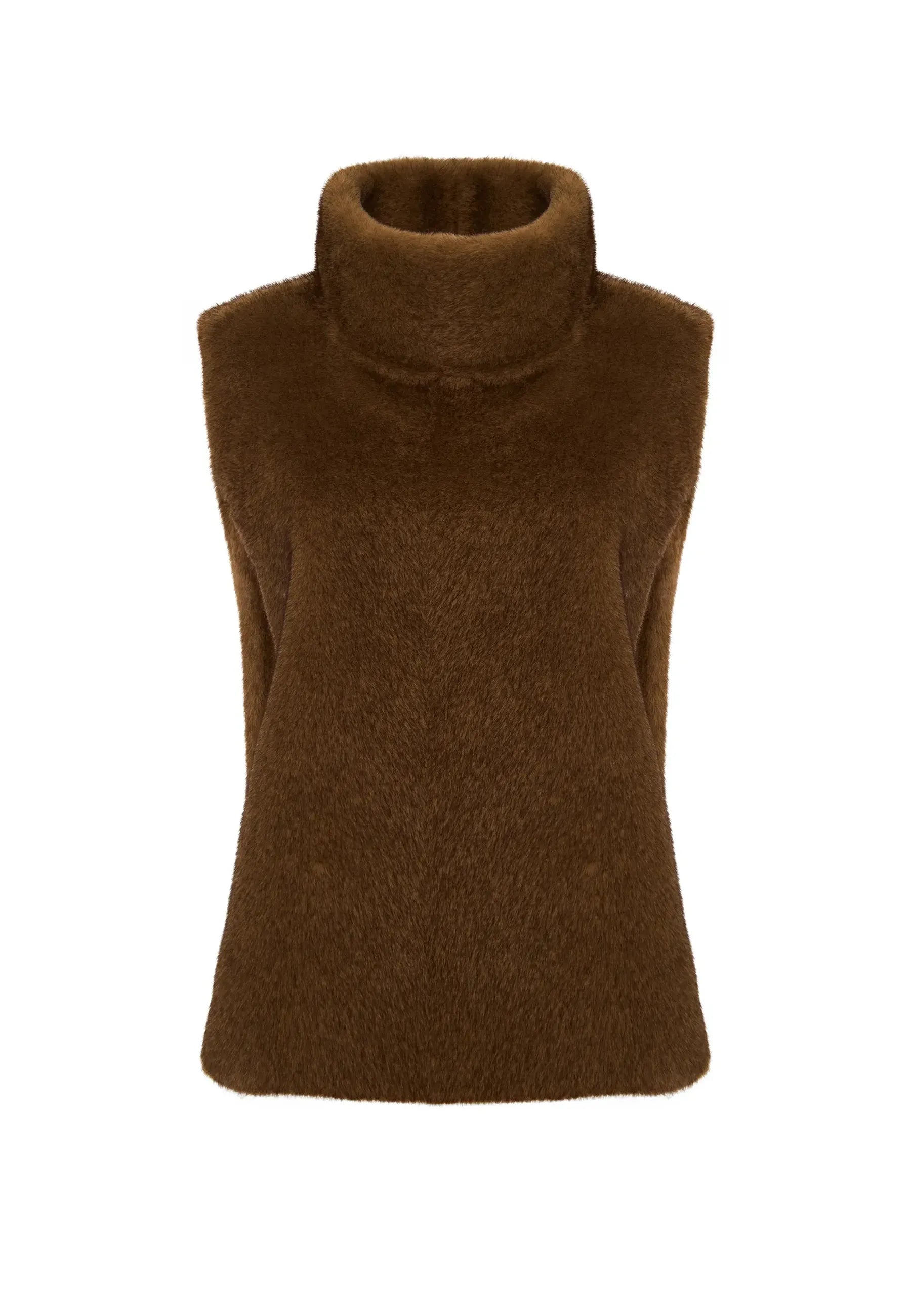 Faux Fur Sleeveless Sculpted Top with Collar – Dark Brown