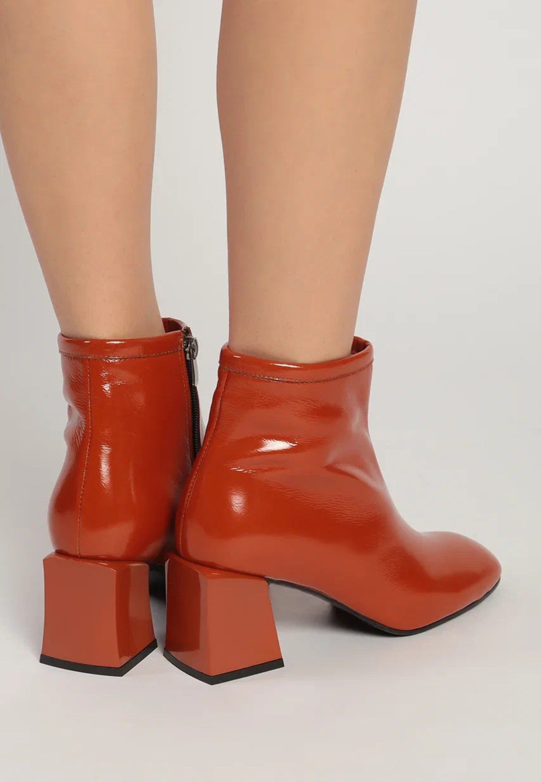 Glossy Block Heel Ankle Boots - Orange