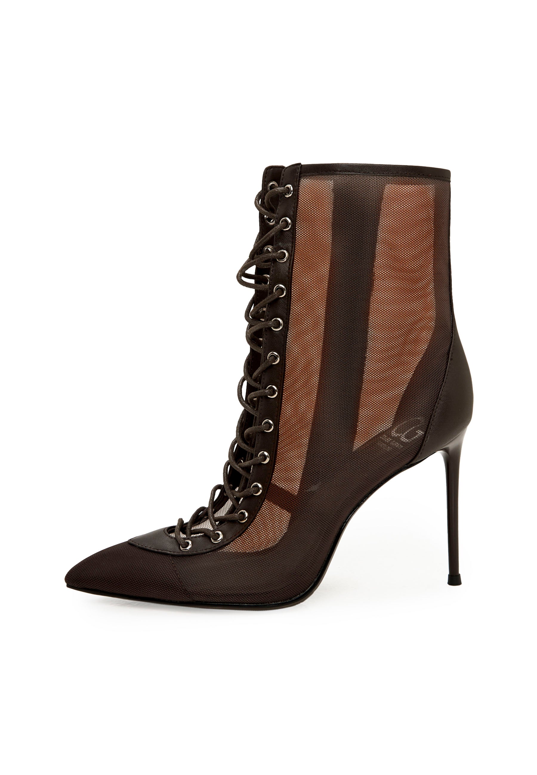 Sheer Lace-Up Stiletto Ankle Boots – Brown