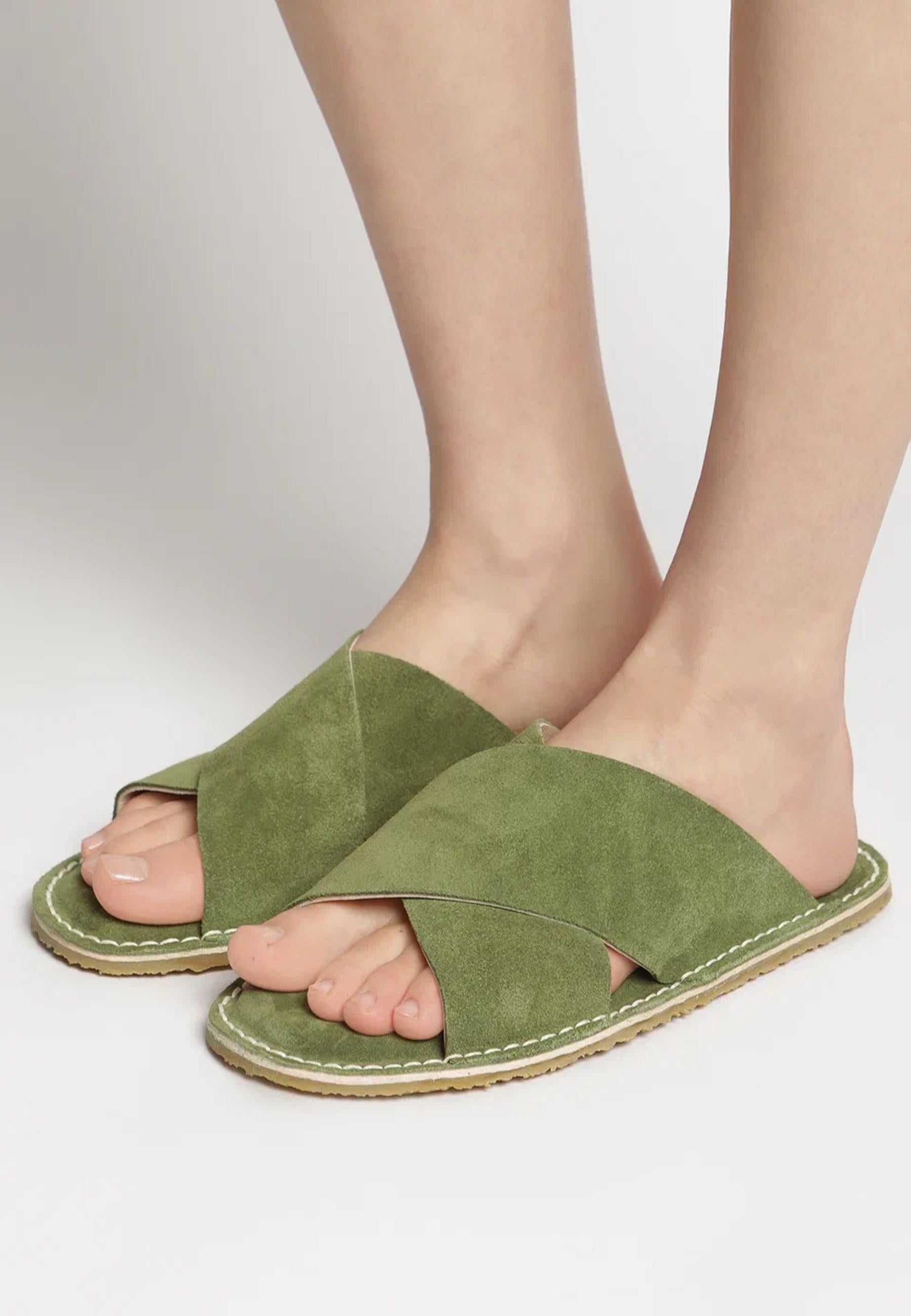 Suede Cross-Strap Slides Starsun - Green