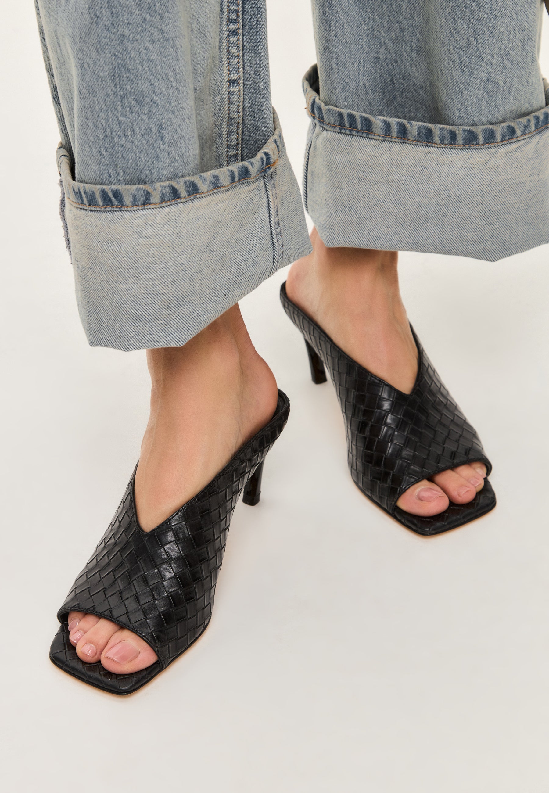 Woven Leather Mules with Kitten Heels