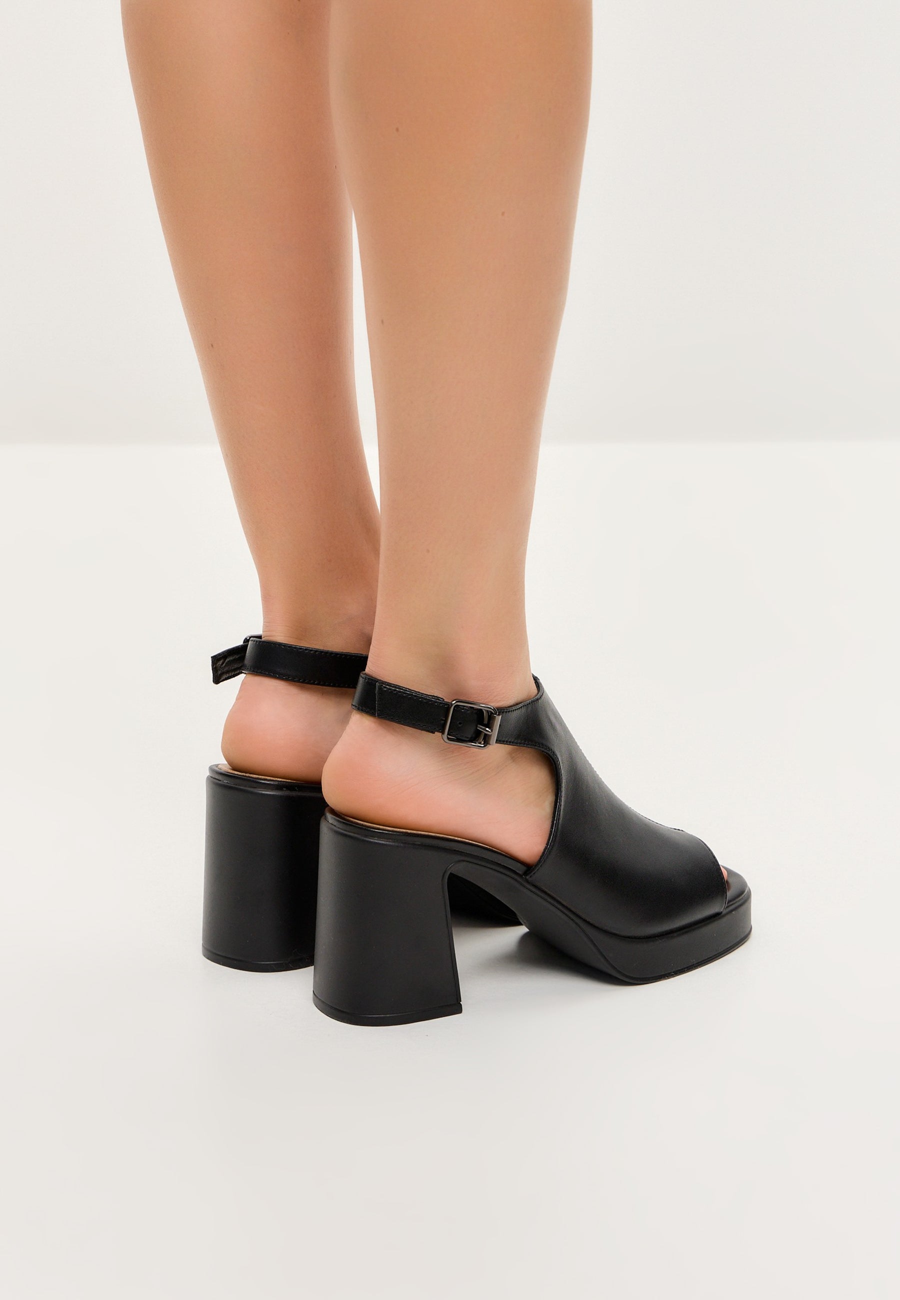 Black Leather Block Heel Sandals