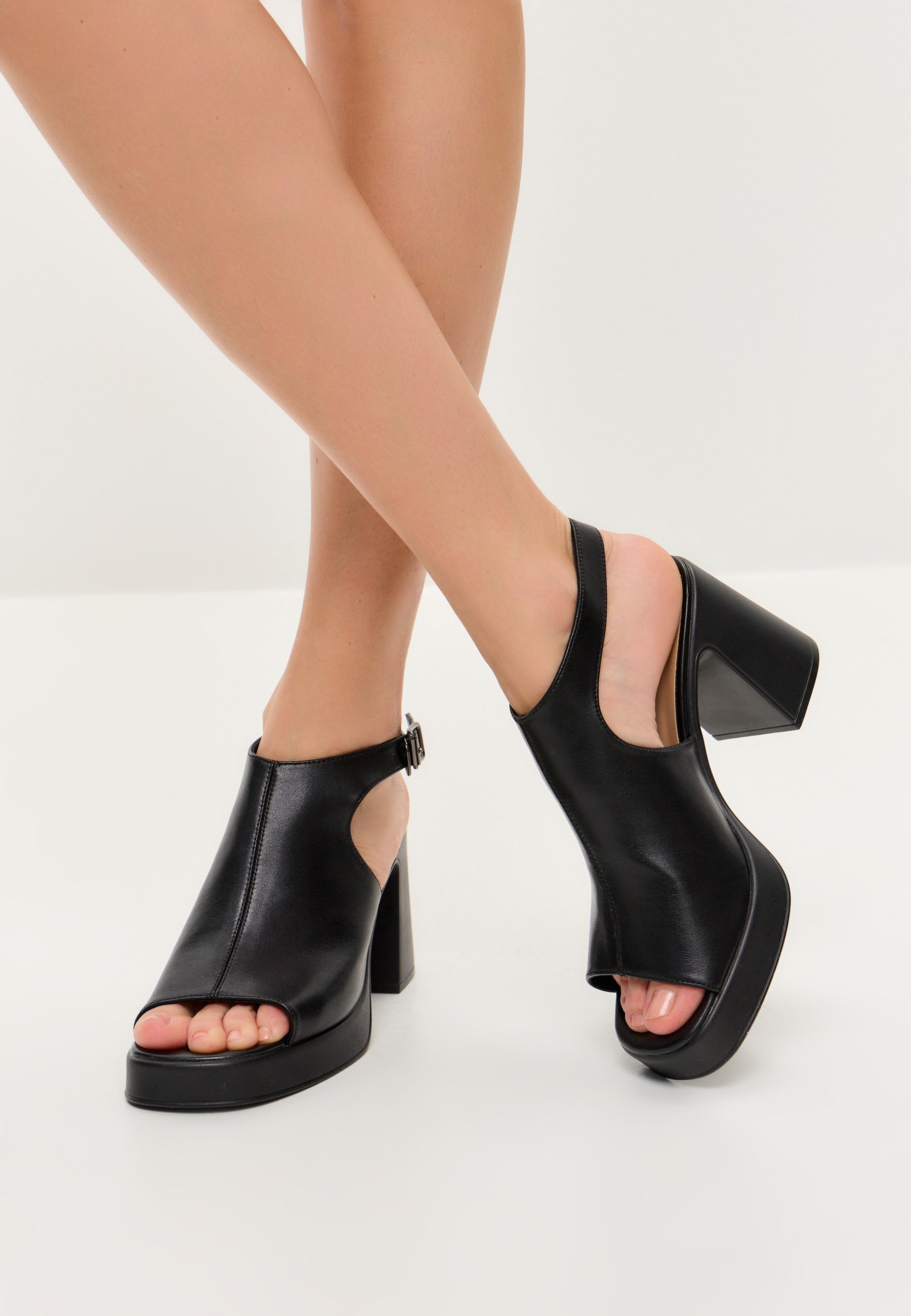 Black Leather Block Heel Sandals