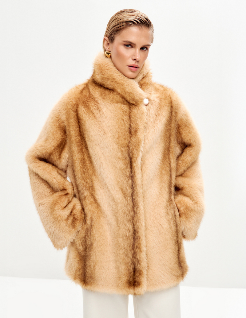 Golden Oversized Fox Faux Fur Jacket