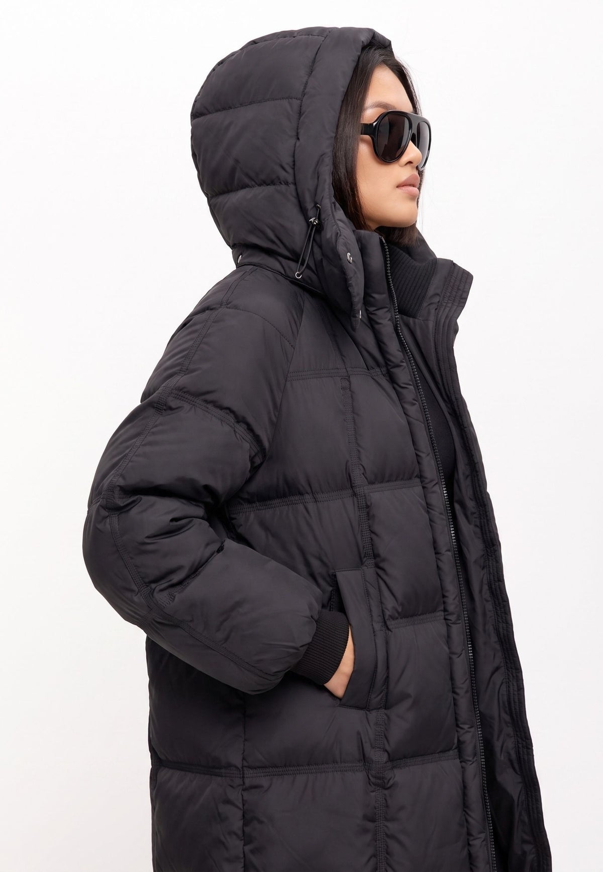 Long Quilted Down Puffer Coat - Black