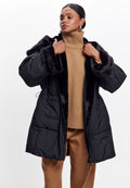 Faux Fur Trim Hooded Coat — Black