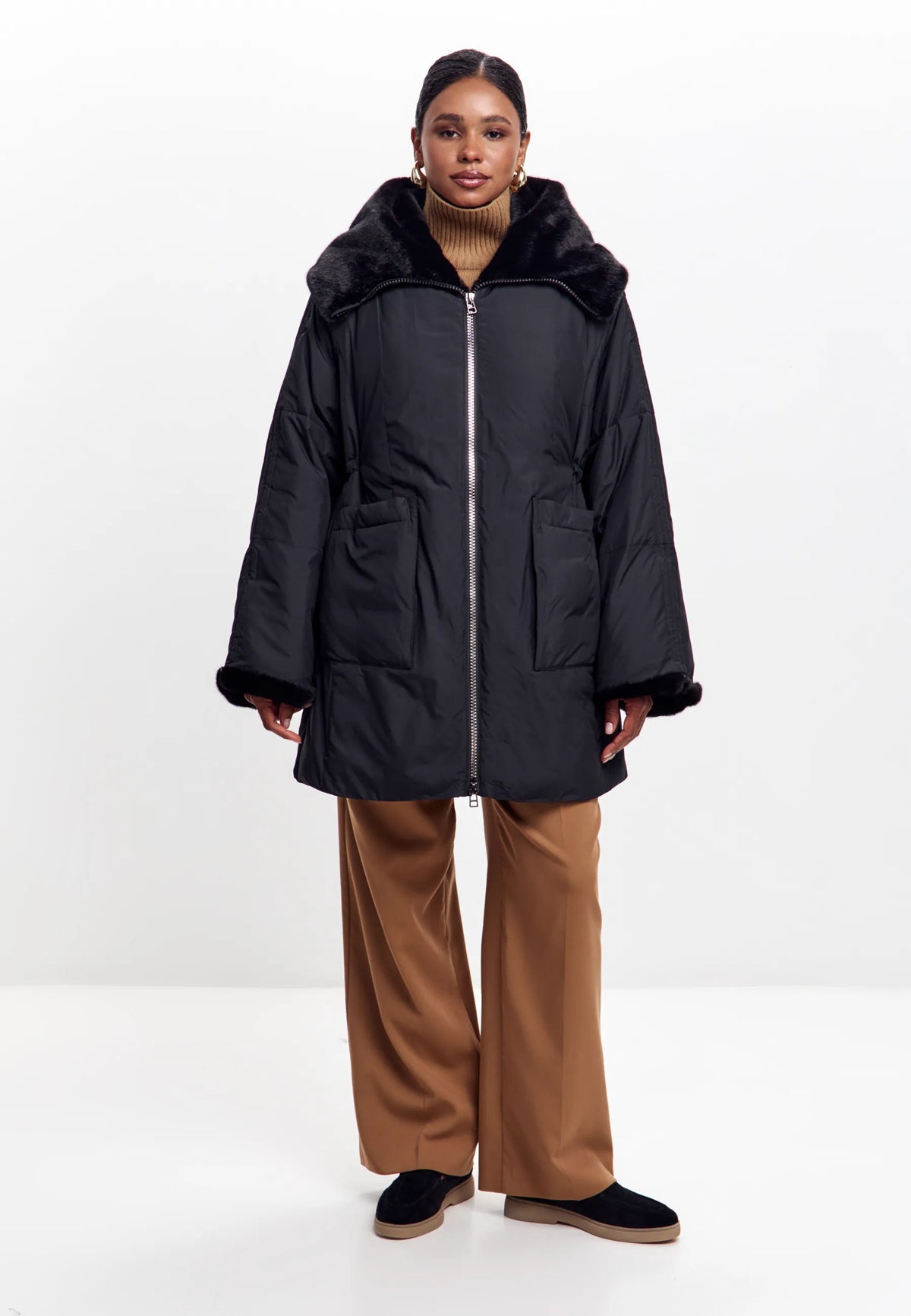 Faux Fur Trim Hooded Coat — Black