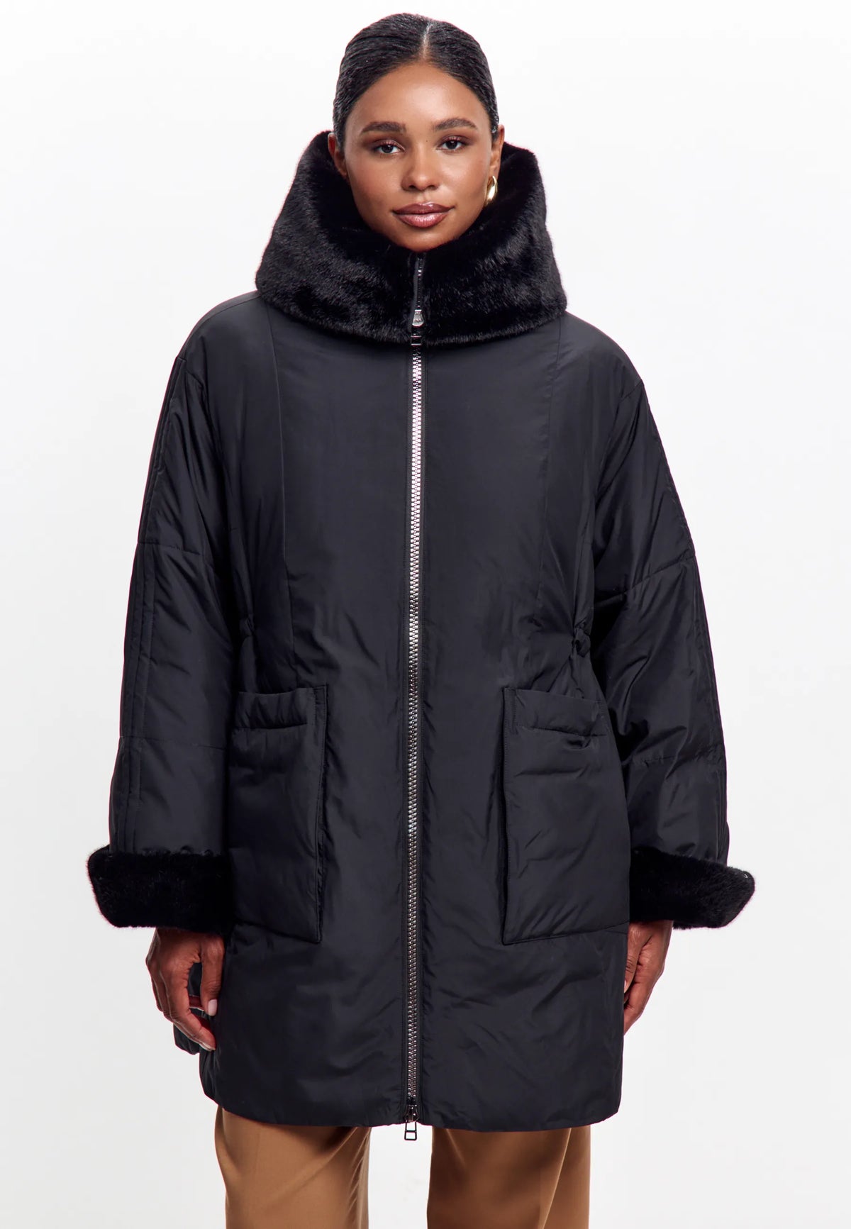 Faux Fur Trim Hooded Coat — Black