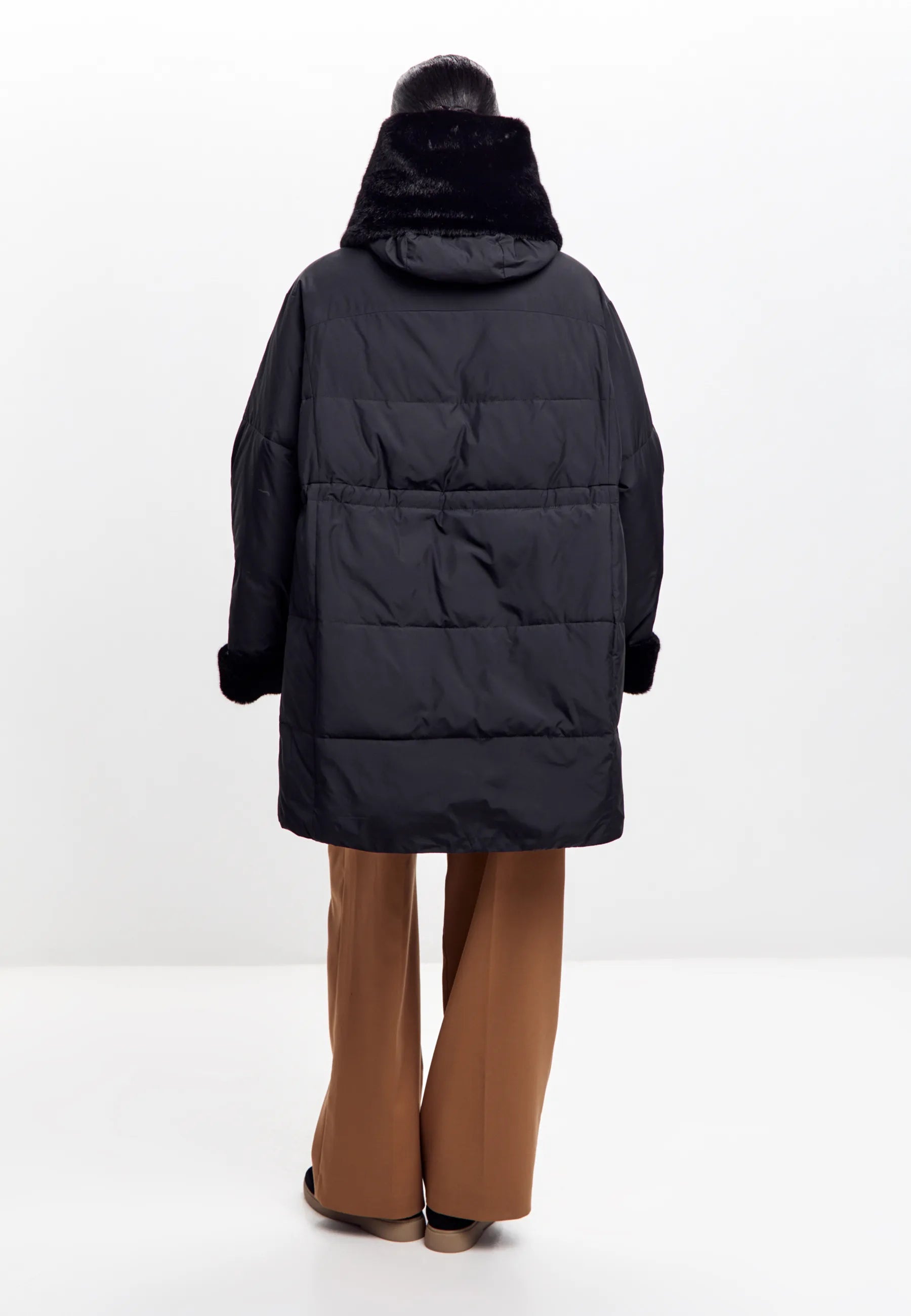 Faux Fur Trim Hooded Coat — Black