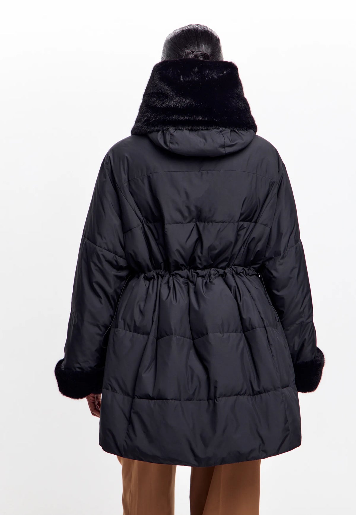 Faux Fur Trim Hooded Coat — Black