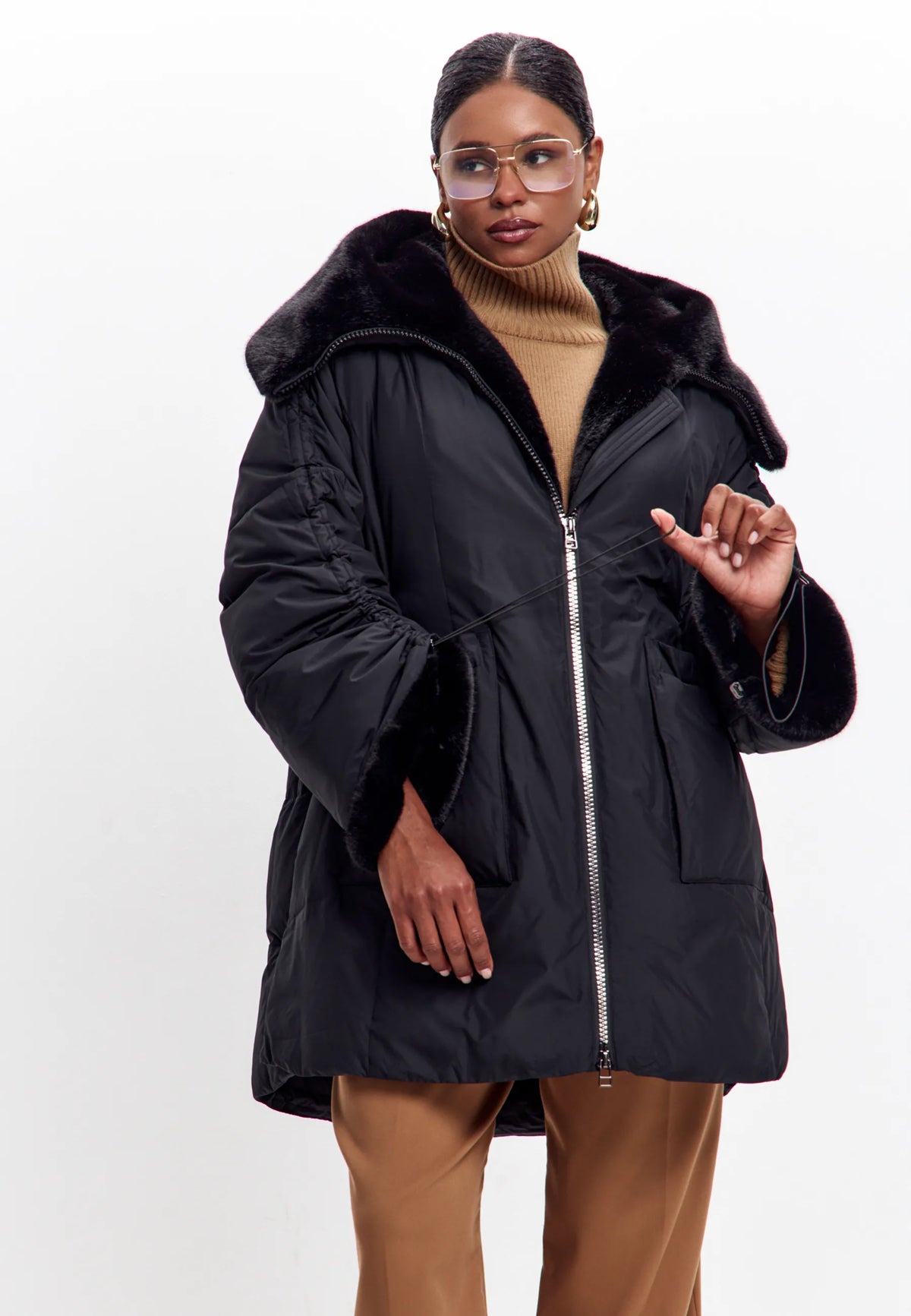 Faux Fur Trim Hooded Coat — Black