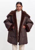 Faux Fur Trim Hooded Coat — Brown