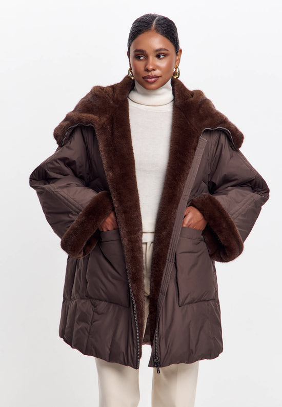 Faux Fur Trim Hooded Coat — Brown