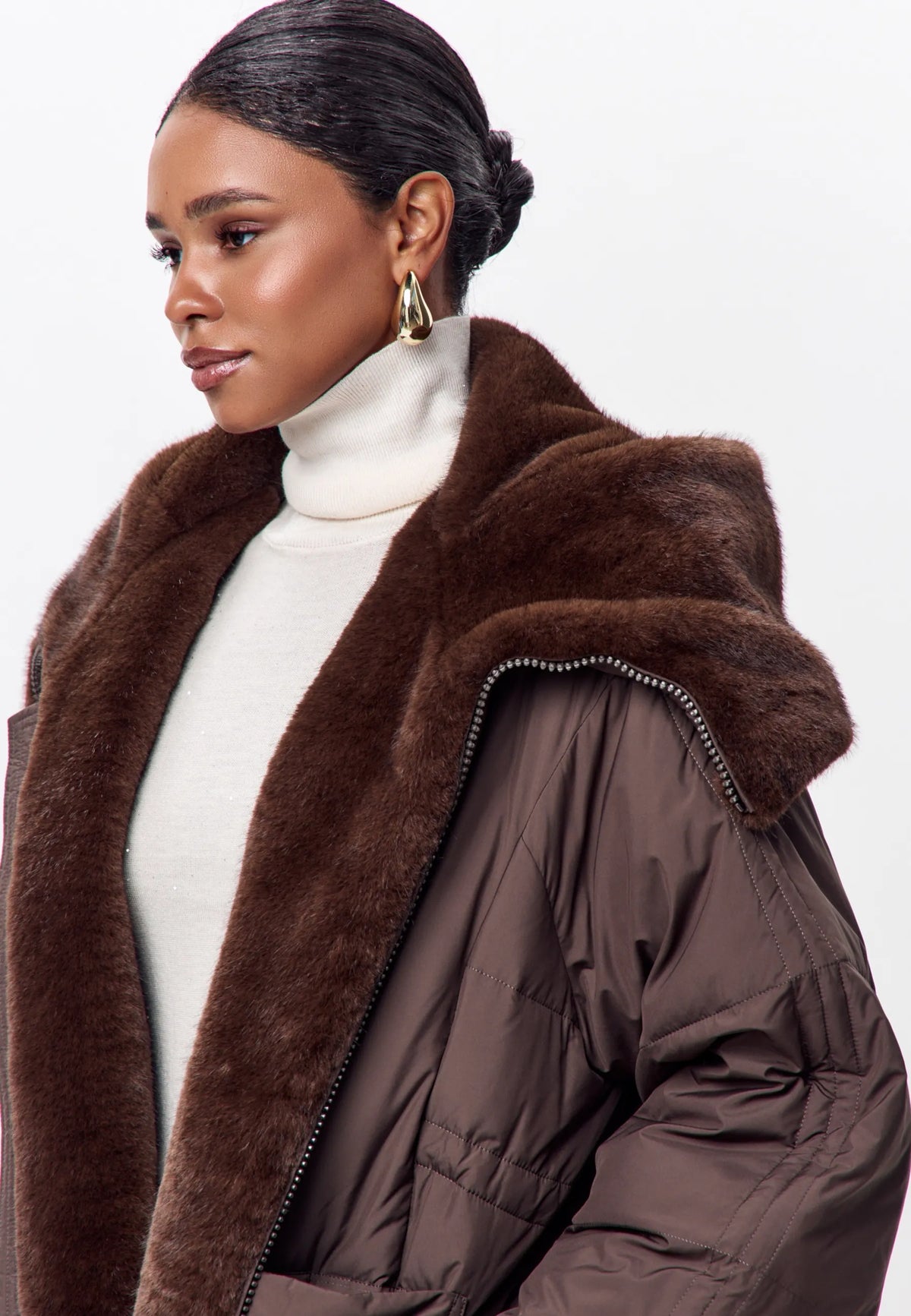 Faux Fur Trim Hooded Coat — Brown