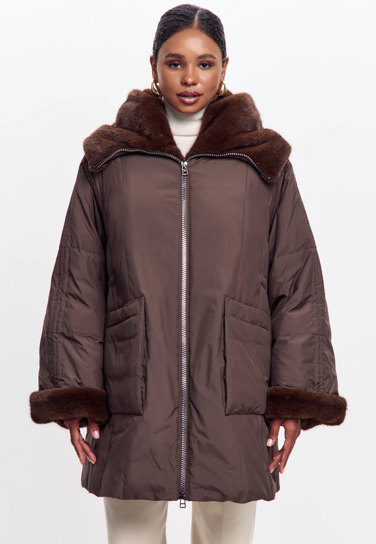Faux Fur Trim Hooded Coat — Brown