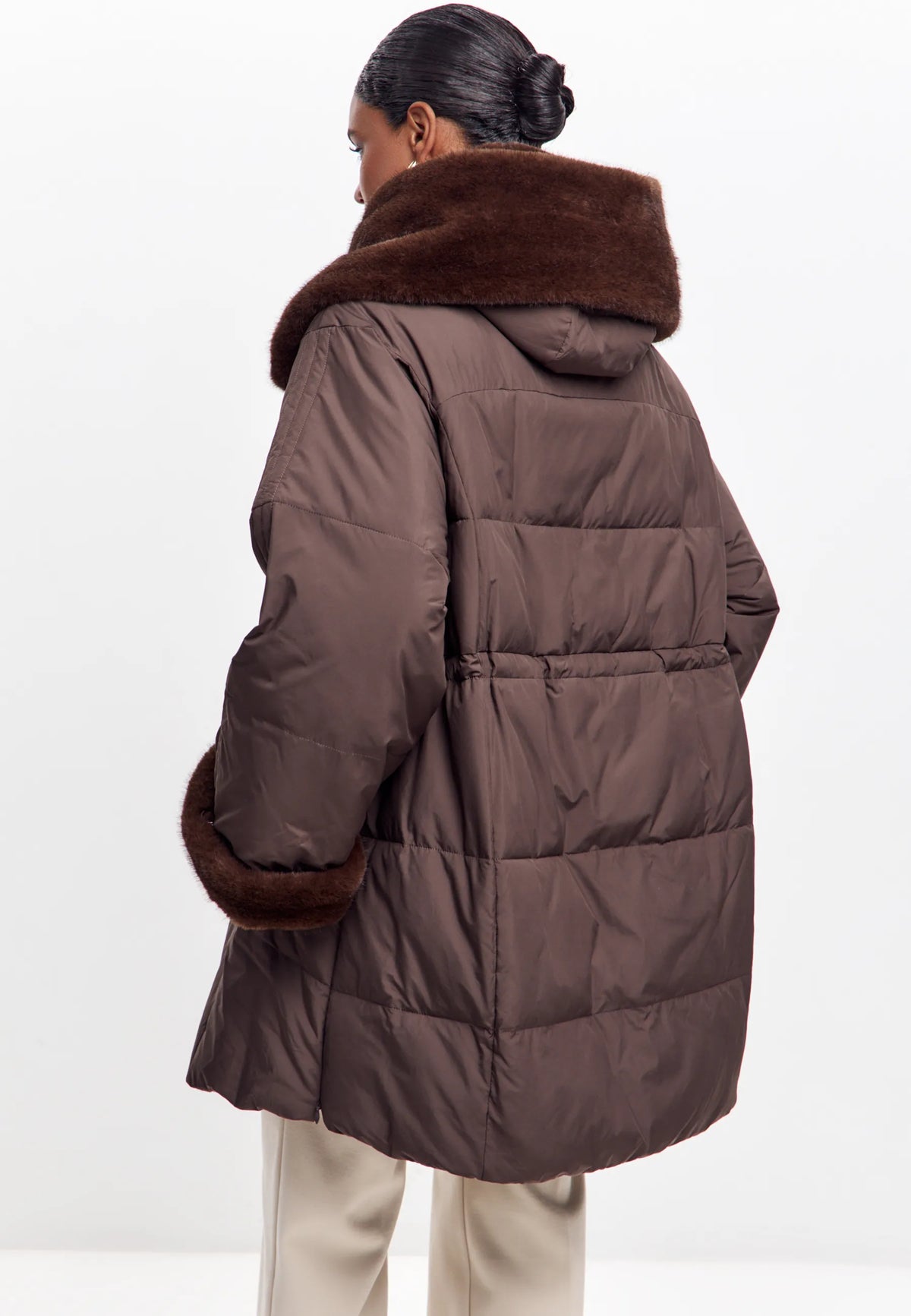 Faux Fur Trim Hooded Coat — Brown