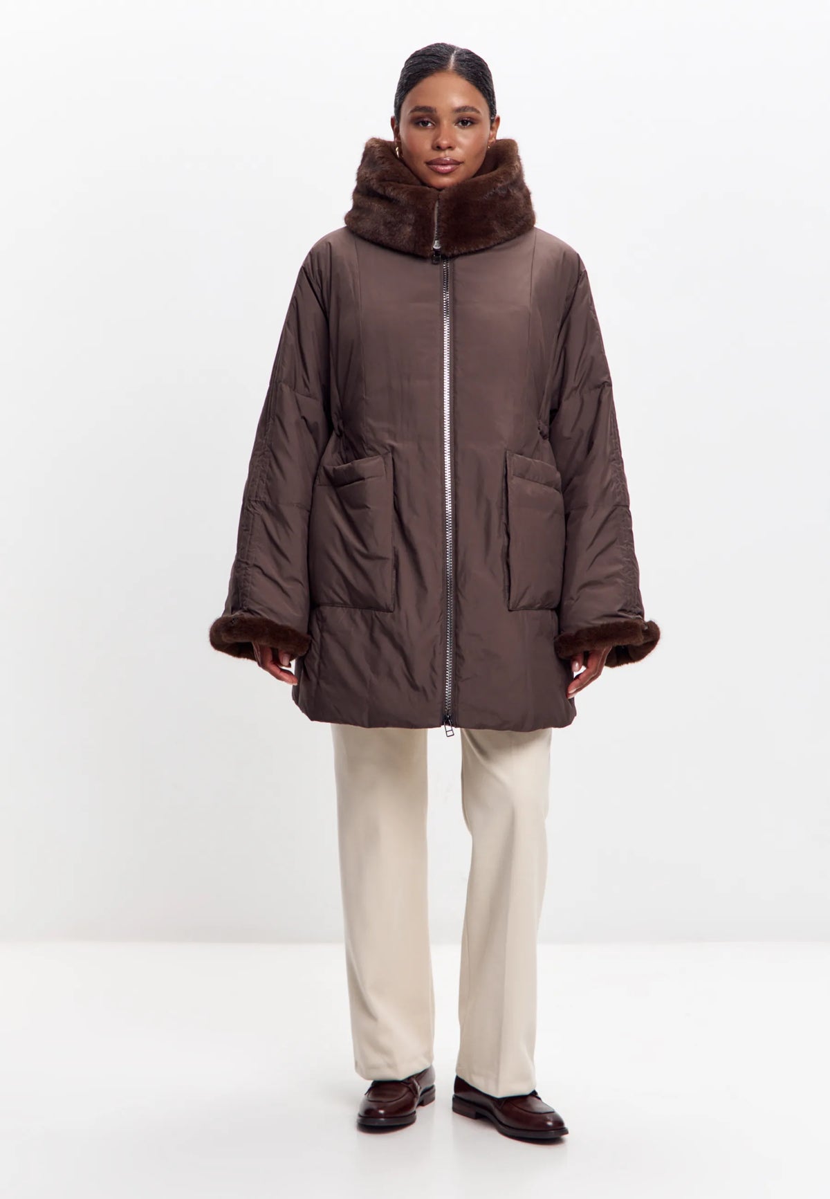 Faux Fur Trim Hooded Coat — Brown