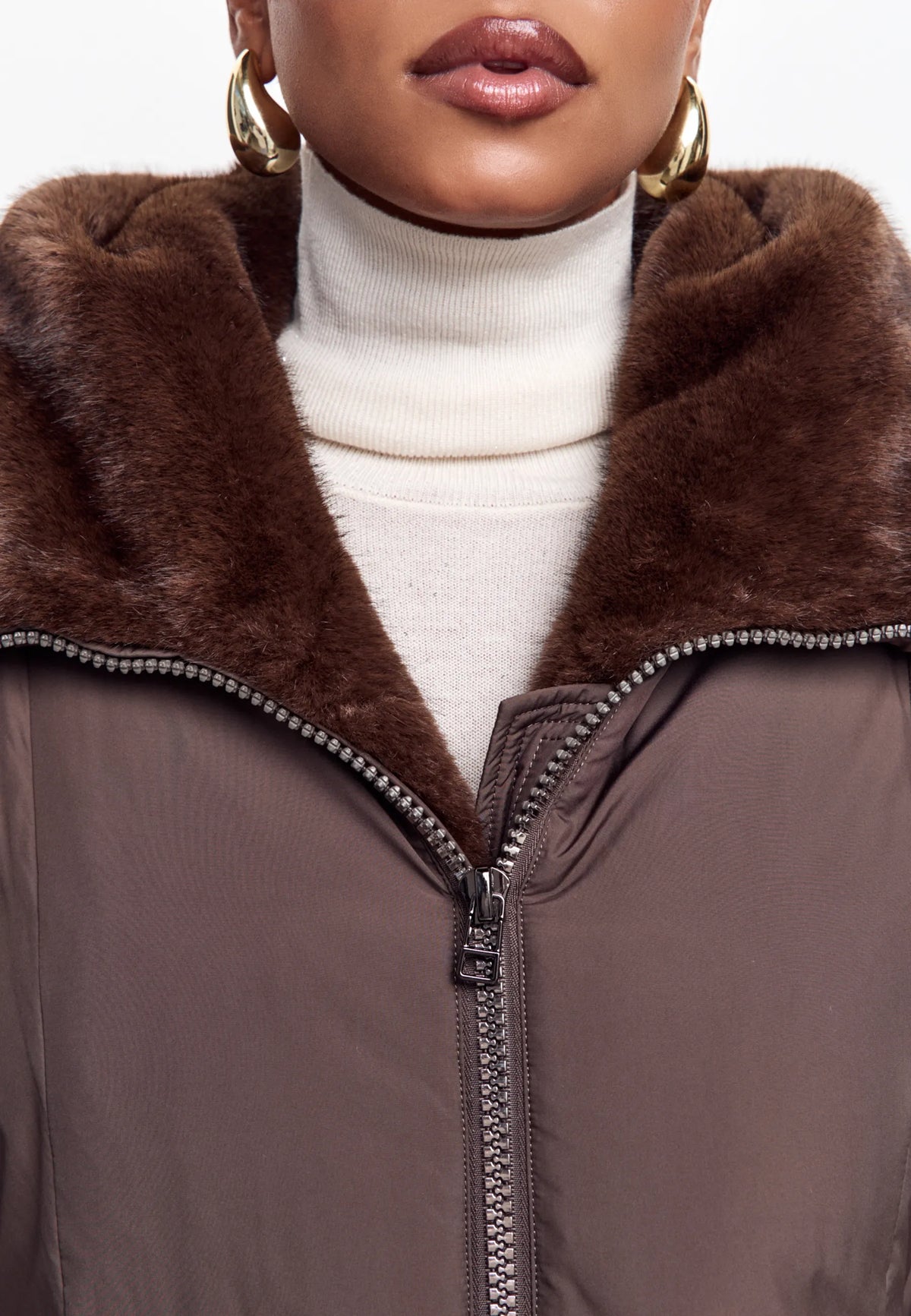 Faux Fur Trim Hooded Coat — Brown