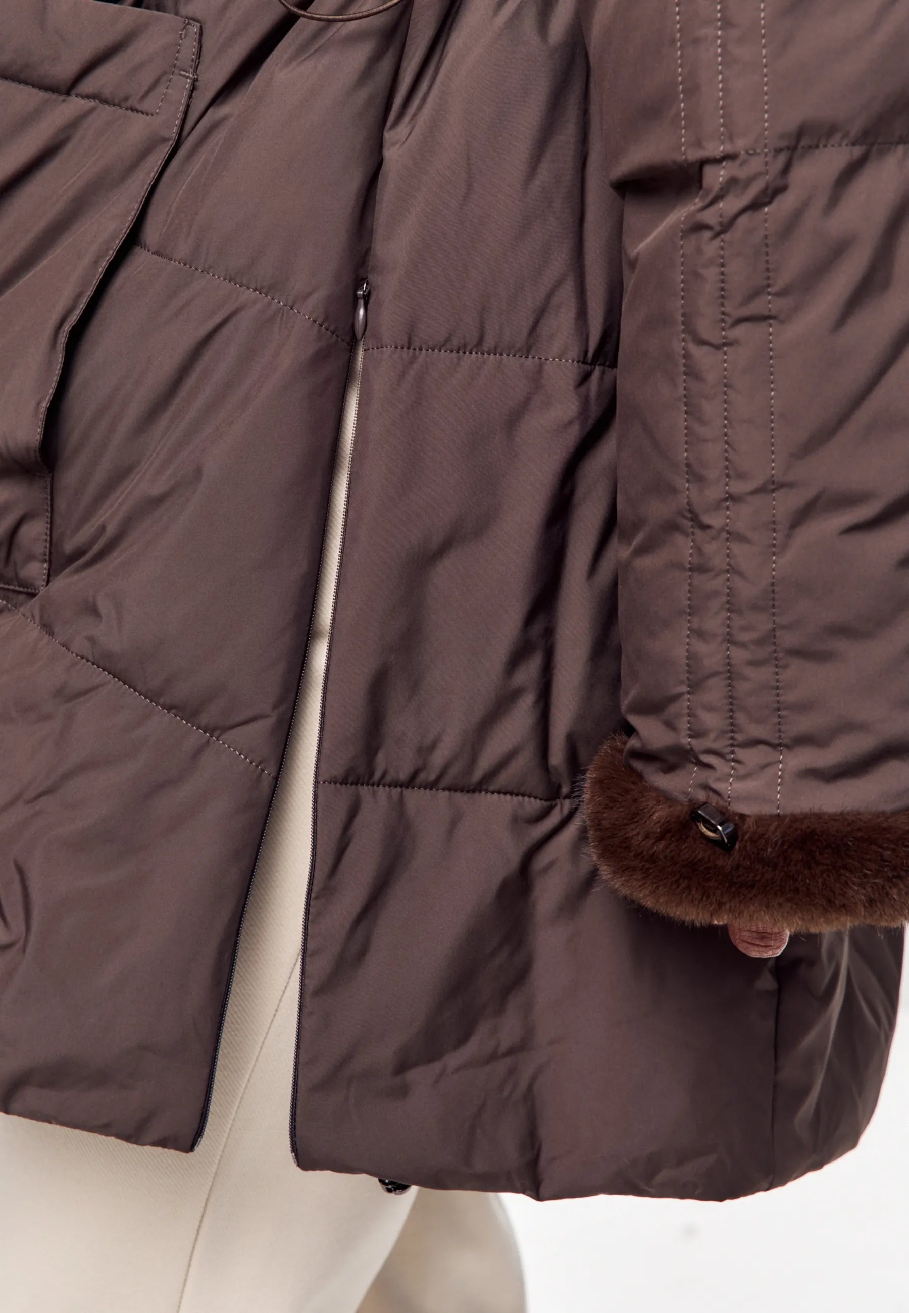 Faux Fur Trim Hooded Coat — Brown