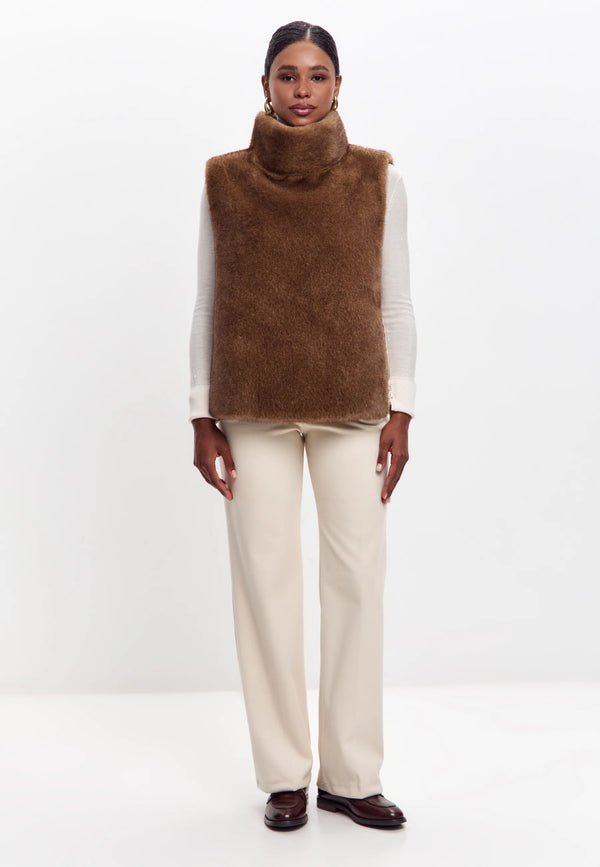 Faux Fur Sleeveless Sculpted Top with Collar – Brown