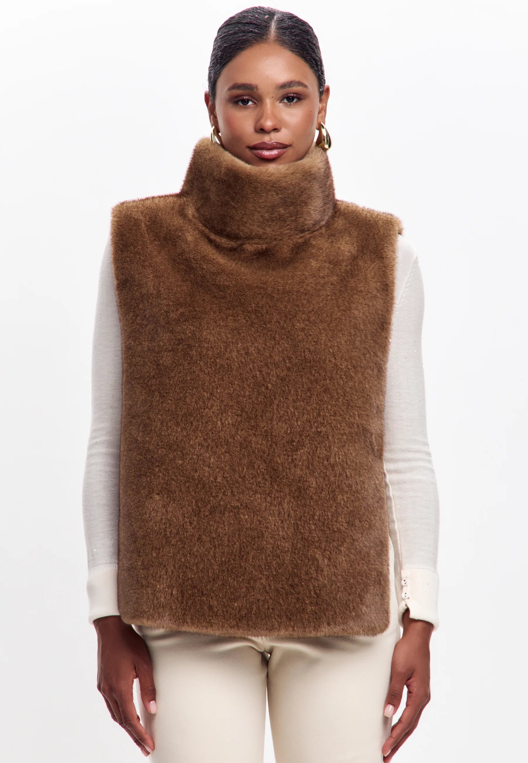 Faux Fur Sleeveless Sculpted Top with Collar – Light Brown